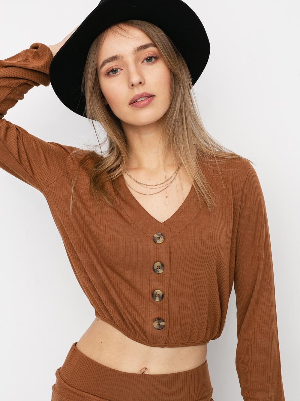 Brixton Cropped Ribbed Button-Front Top in Warm Brown
